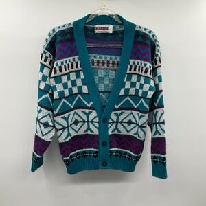 Barrel Cardigan Sweater Geometric Teal Purple Kids M 10-12 Vintage 90s Kidcore